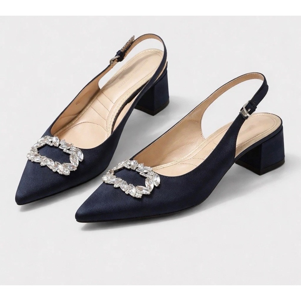 Adrienne Vittadini Slingback Pumps Women 7.5 Black Crystal Buckle‎  Satin